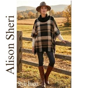 Alison Sheri Black And Tan Plaid Poncho